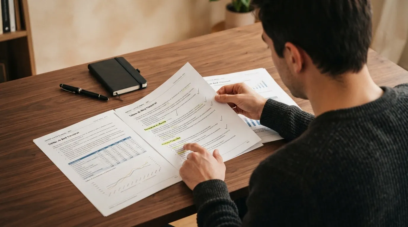 Une grille comparative posée sur un bureau, avec des fiches opérateurs, des colonnes de critères et un stylo, évoquant une analyse méthodique.