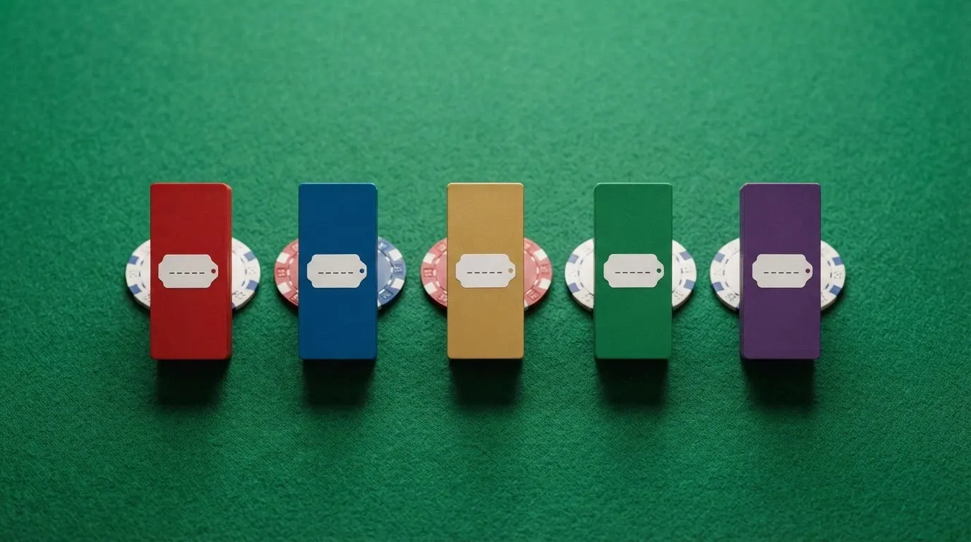 Une rangée de cartes de casino alignées, chacune avec son bonus affiché et un indicateur de licence, en vue comparative