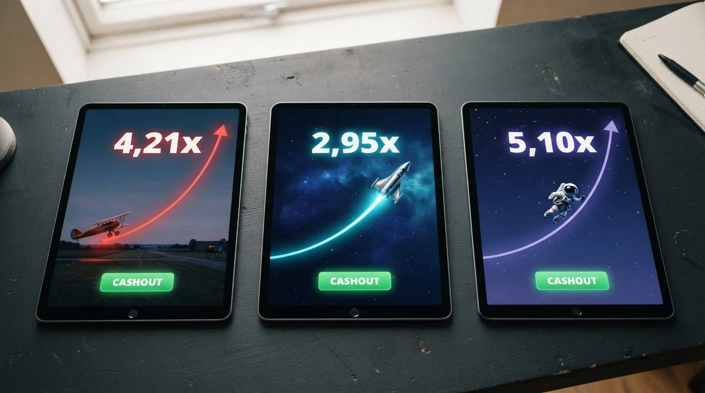 Les trois interfaces de crash game côte à côte : Aviator (avion rouge sur fond sombre), JetX (vaisseau futuriste), Spaceman (cosmonaute dans l'espace)