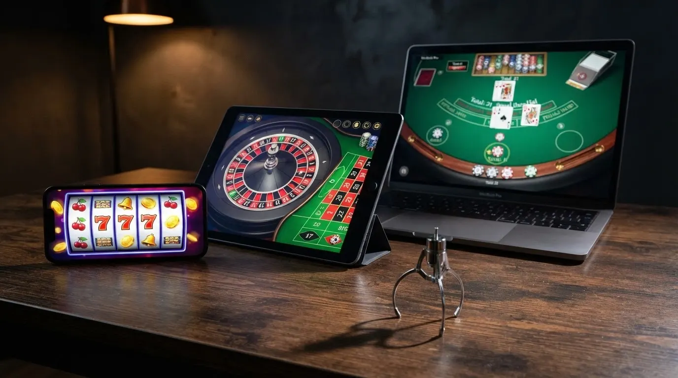 Une vue d'ensemble de logos ou d'interfaces de casinos en ligne disposés côte à côte, avec une pince Bonus Crab en surimpression au premier plan.