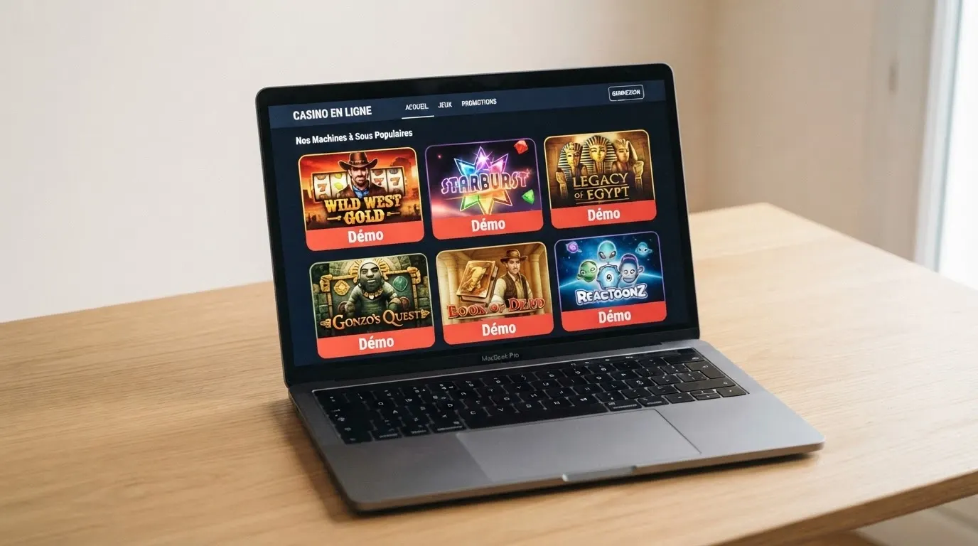 Capture d'écran partagée d'interfaces de casino en ligne affichant des vignettes de machines à sous 3 rouleaux, avec un bandeau « démo » visible