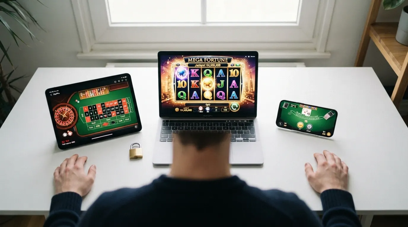 Écran partagé montrant plusieurs interfaces de casinos en ligne accessibles depuis la France, avec des icônes de machines à sous et de cadenas
