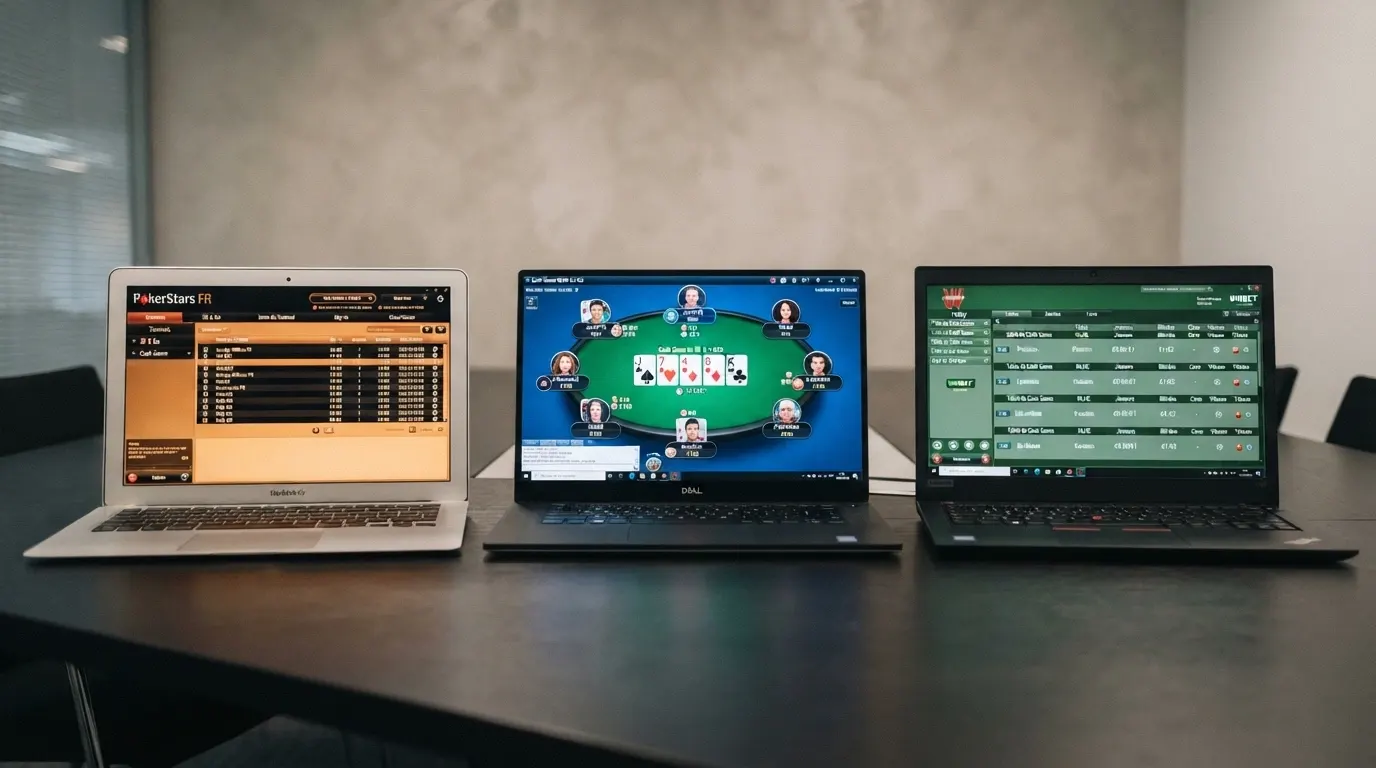 Capture d'écran comparative de trois interfaces de salles de poker en ligne françaises, montrant les lobbys, les tables disponibles et l'architecture visuelle de chaque logiciel