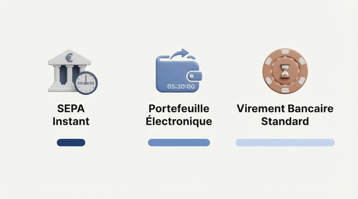 Une comparaison visuelle des méthodes de retrait : virement SEPA, portefeuille électronique et crypto, avec leurs délais respectifs