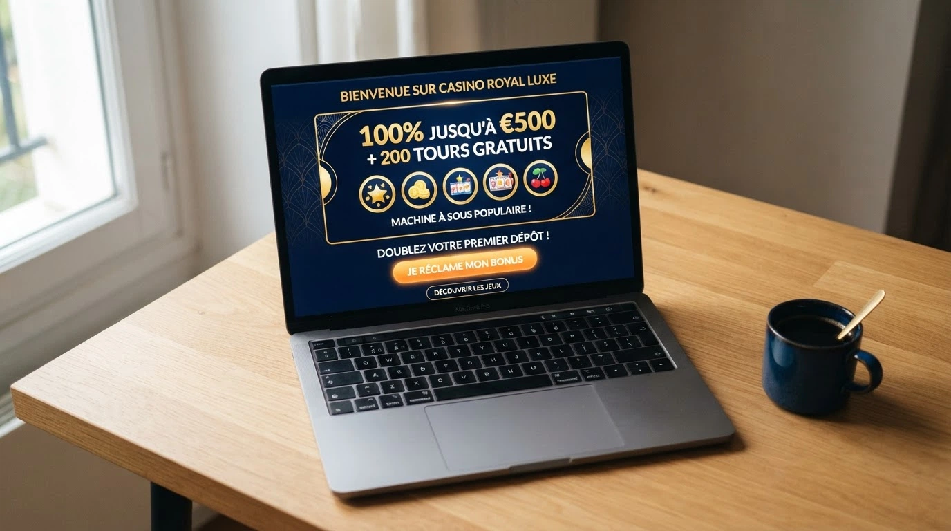Capture d'écran d'une page d'accueil de casino en ligne affichant une offre de bienvenue avec pourcentage, montant maximum et nombre de free spins