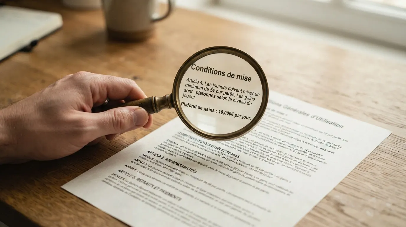Une loupe posée sur les petites lignes d'un contrat de bonus casino, révélant les conditions de mise, la durée de validité et le plafond de gains