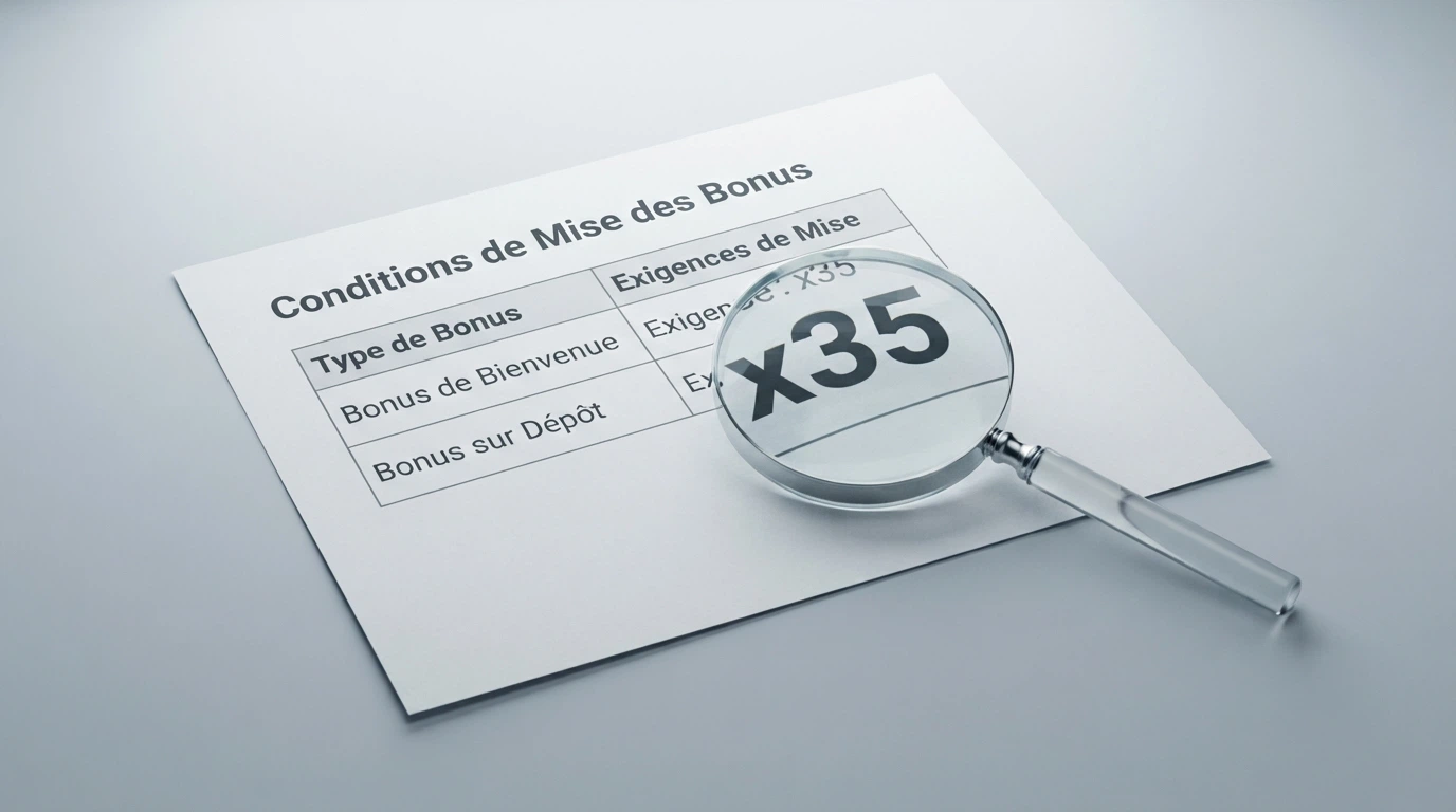 Capture d'écran des conditions de mise d'un bonus de bienvenue avec le détail du wagering et du plafond de retrait
