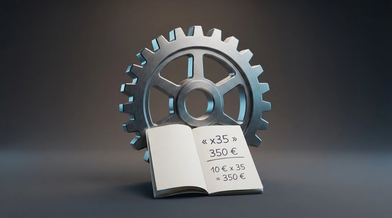 Calculatrice et engrenages illustrant le mécanisme des conditions de mise d'un bonus sans dépôt