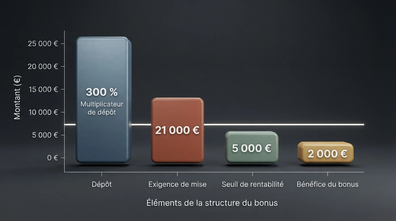 Schéma comparatif illustrant le mécanisme d'un bonus à 300 % avec wager x35 : un dépôt de 200 € devient 600 € de bonus, mais exige 21 000 € de mises avant retrait