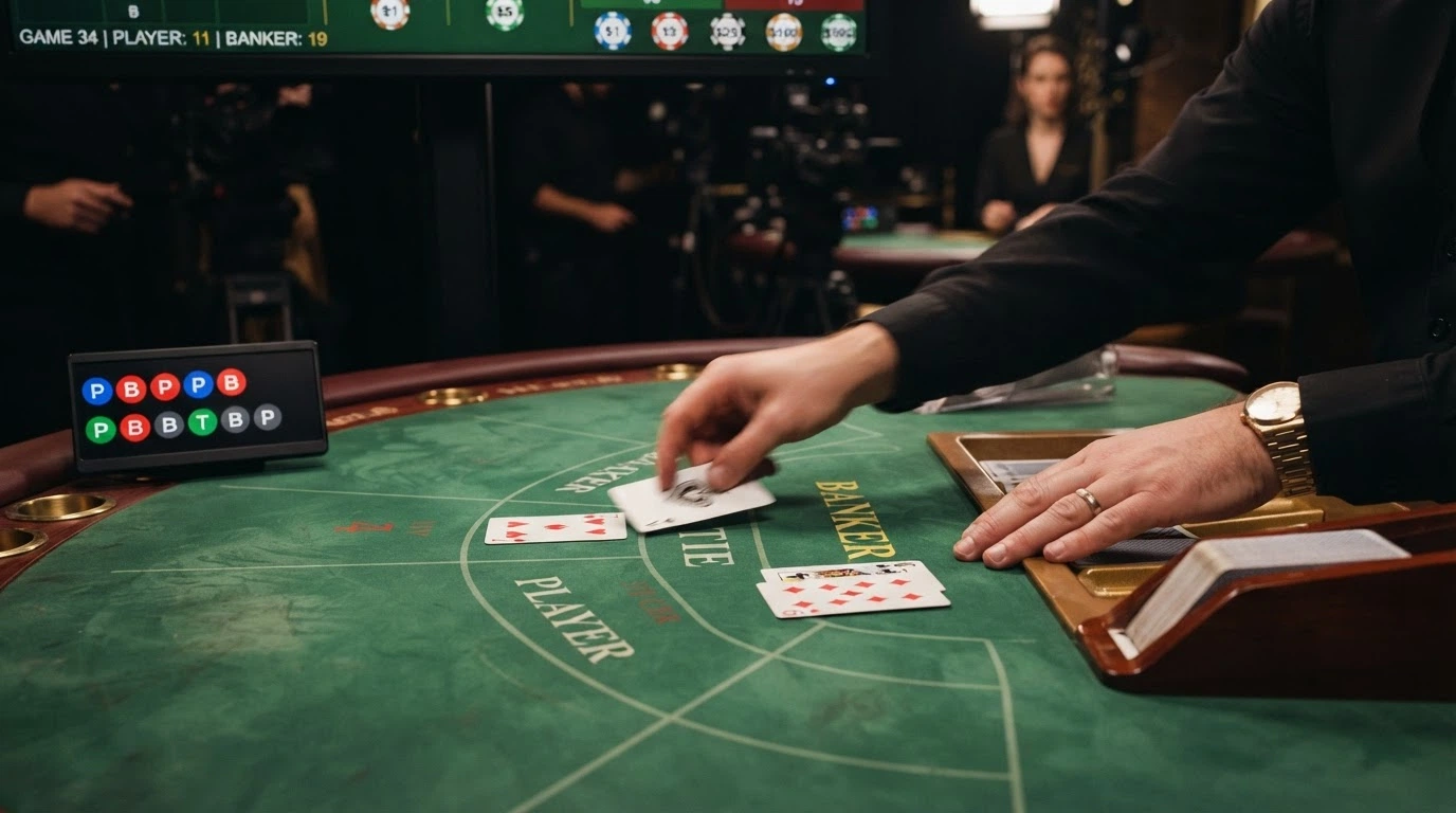 Gros plan sur les mains d'un croupier distribuant les cartes sur une table de baccarat en direct, interface de mise visible à l'écran