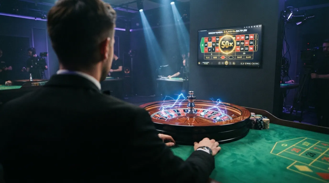 Un croupier en tenue de soirée dans le studio Evolution Gaming, face à la roue Lightning Roulette, avec l'écran de jeu affichant les multiplicateurs en direct