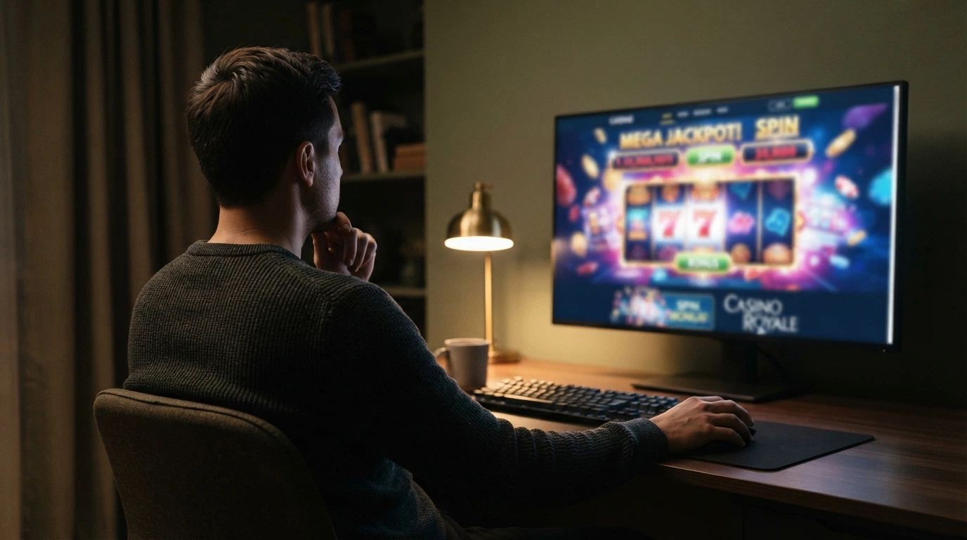 Joueur assis devant un écran, main posée sur la souris, expression de réflexion, une fenêtre de casino en arrière-plan floutée