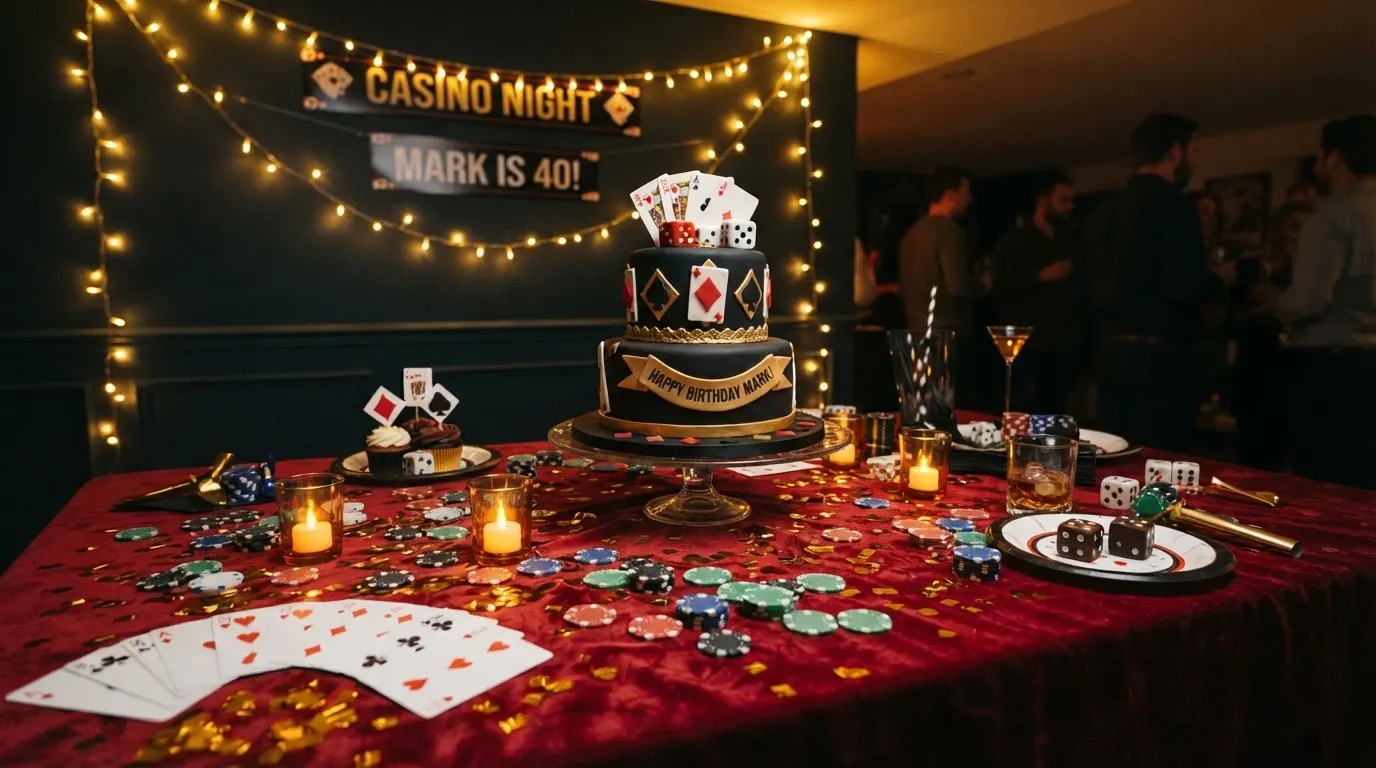 Une table de fête dressée aux couleurs d'un casino — nappe rouge, jetons empilés, cartes à jouer disposées en éventail, guirlandes dorées en arrière-plan