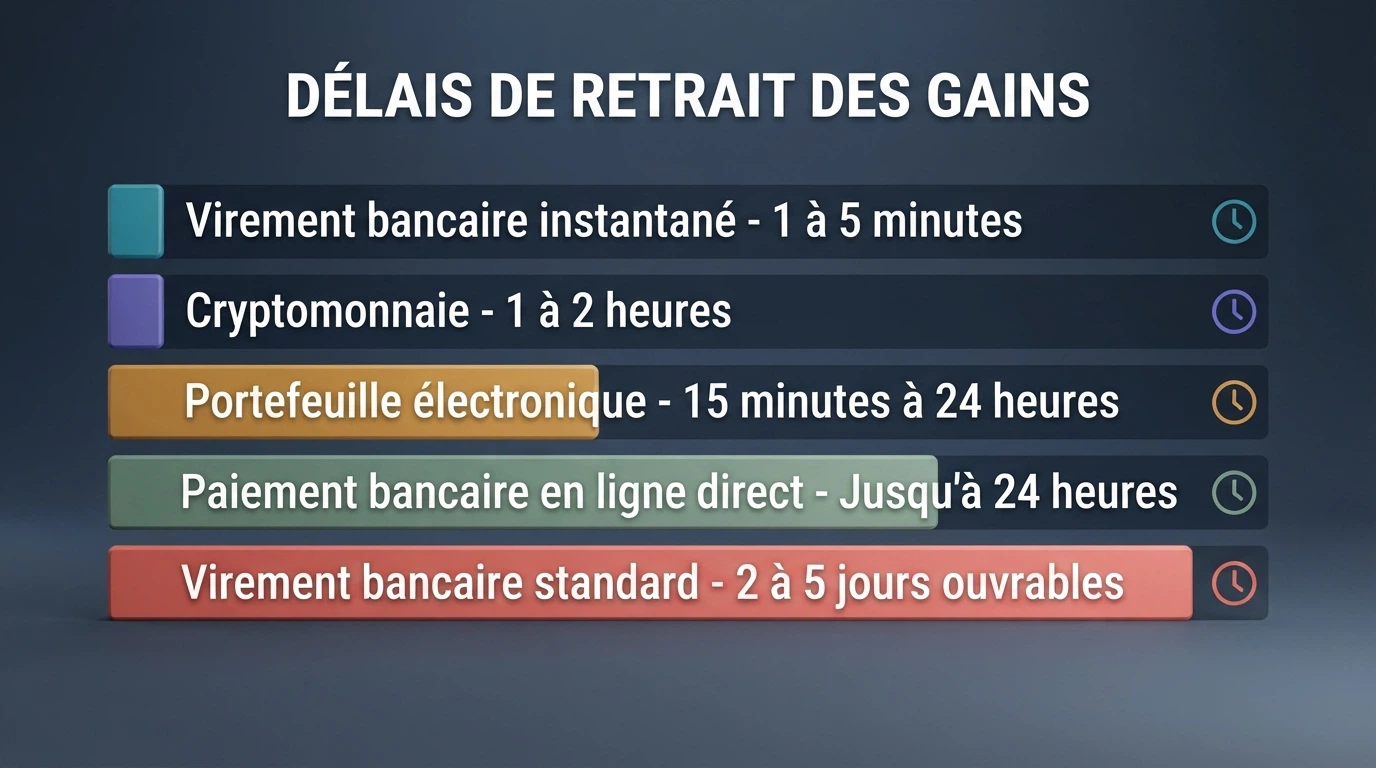 Cinq moyens de paiement alignés — PayPal, Skrill, Neteller, Trustly et une icône Bitcoin — chacun surmonté d'un chronomètre