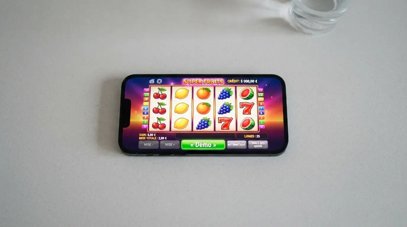 Écran de smartphone affichant une machine à sous Merkur en mode démo, crédits virtuels à l'écran, sans formulaire d'inscription visible, interface en français