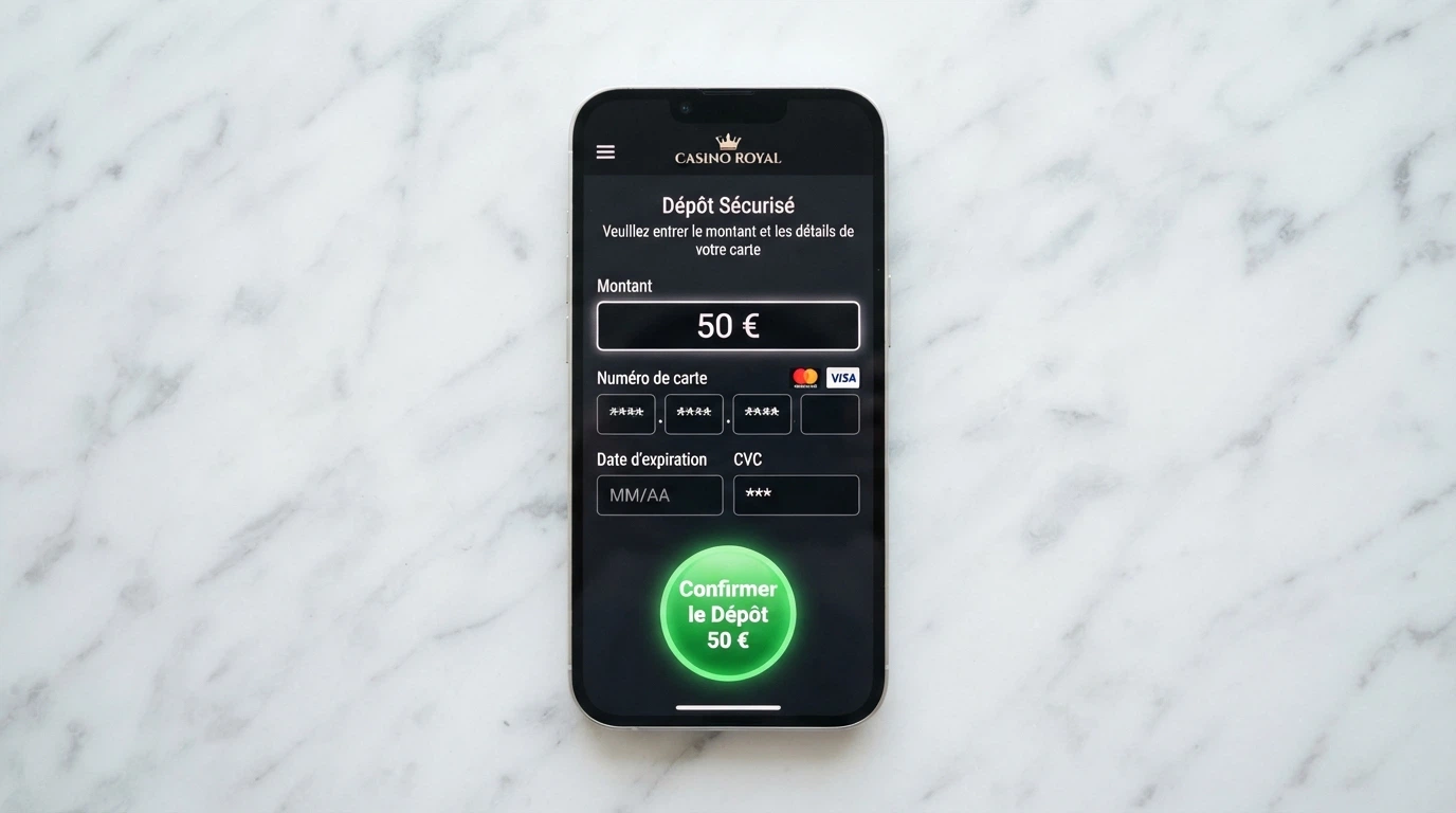 Interface de dépôt par carte bancaire sur un site de casino en ligne, avec les champs de saisie du montant et des informations de carte
