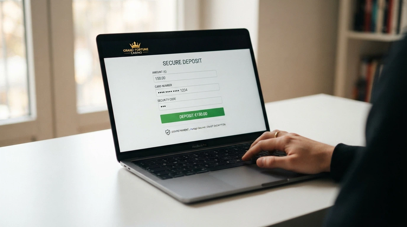 Un formulaire de dépôt de casino en ligne affiché sur un écran d'ordinateur, avec les champs « montant », « numéro de carte » et « cryptogramme », et le logo 3D Secure visible en bas du formulaire.