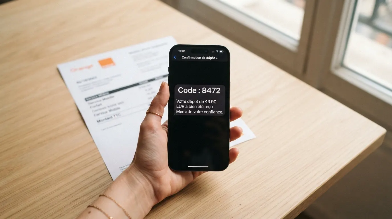 Une main tenant un téléphone portable, l'écran affichant un code de confirmation SMS pour un dépôt de casino, une facture mobile en arrière-plan