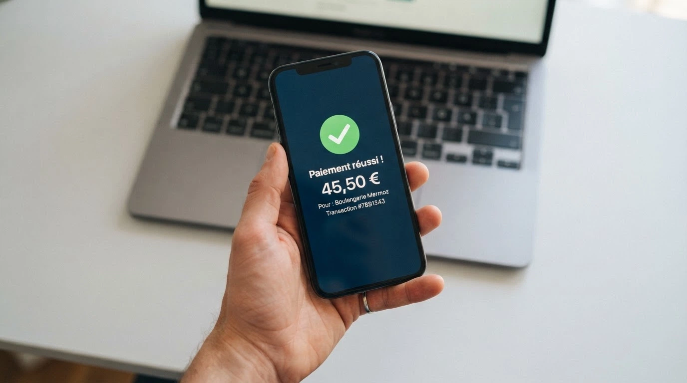 Une main tenant un téléphone au-dessus d’un clavier, l’écran affichant la confirmation d’un paiement Google Pay