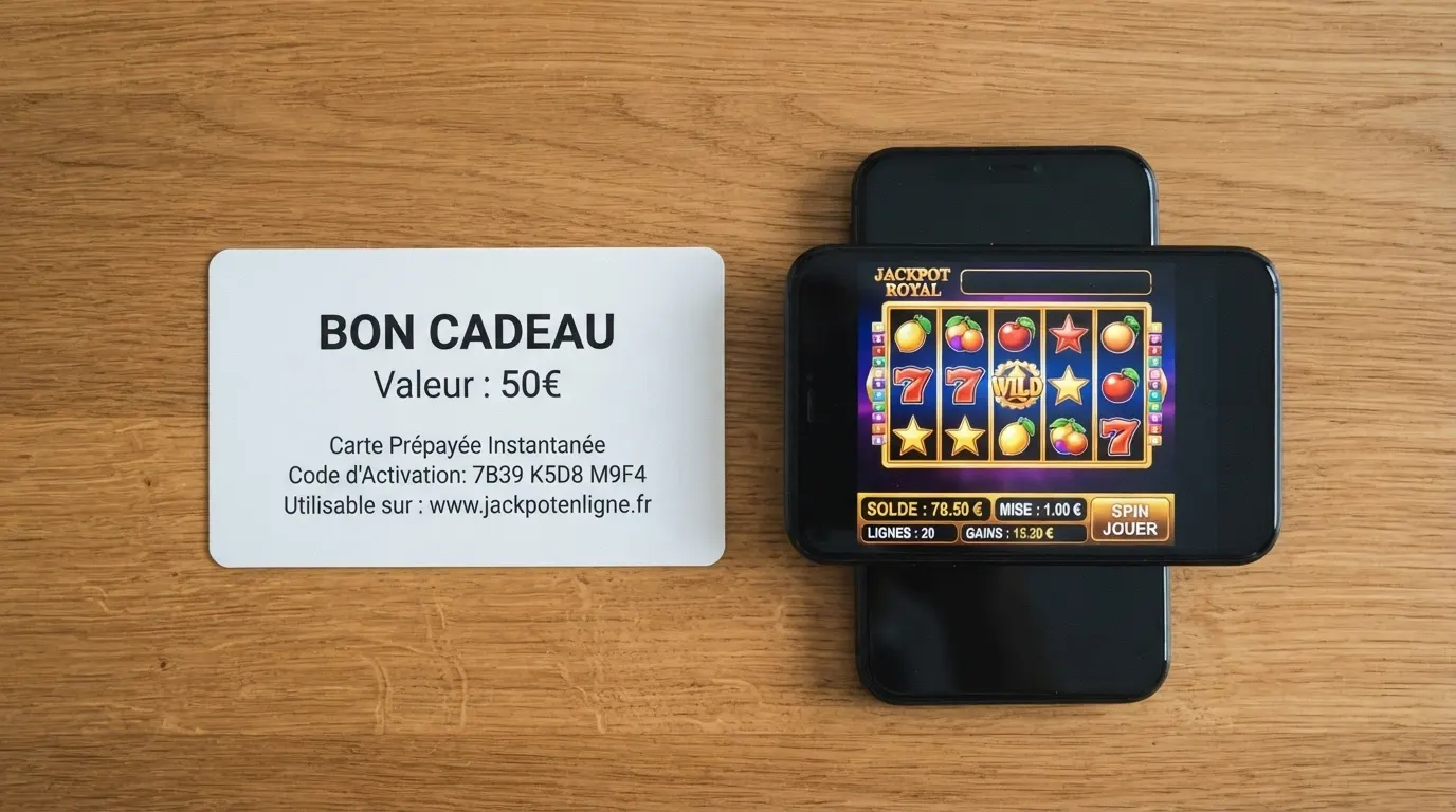 Un code PIN Jeton Cash à 19 chiffres sur une carte prépayée, posé à côté d'un écran de casino