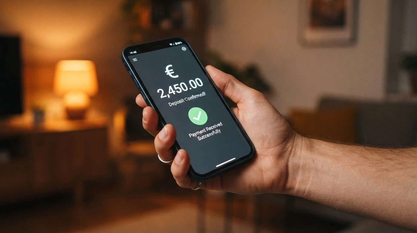 Une main tenant un smartphone affichant l'application N26 avec une transaction de dépôt vers un casino en ligne en cours de validation.