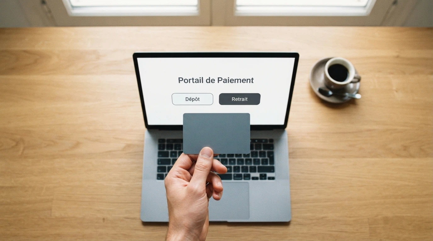 Une main tenant une carte bancaire devant un écran d'ordinateur affichant l'interface de paiement Payz avec les options dépôt et retrait