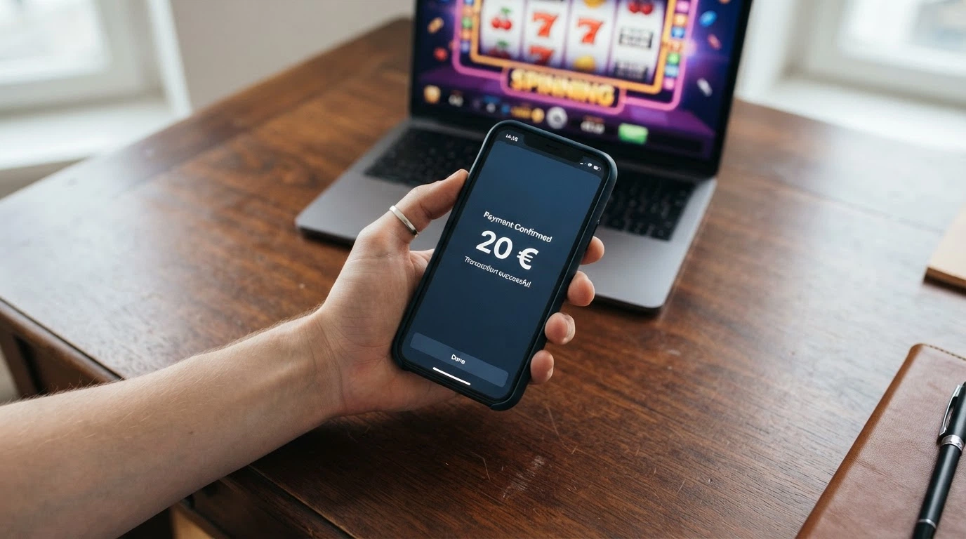 Écran de paiement PayPal affiché sur un smartphone à côté d'une interface de casino en ligne, montant de 20 € saisi