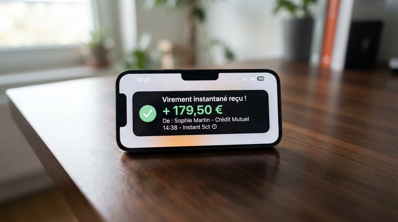 Téléphone mobile affichant une notification de virement instantané SCT Inst confirmant un dépôt Trustly sur un casino en ligne