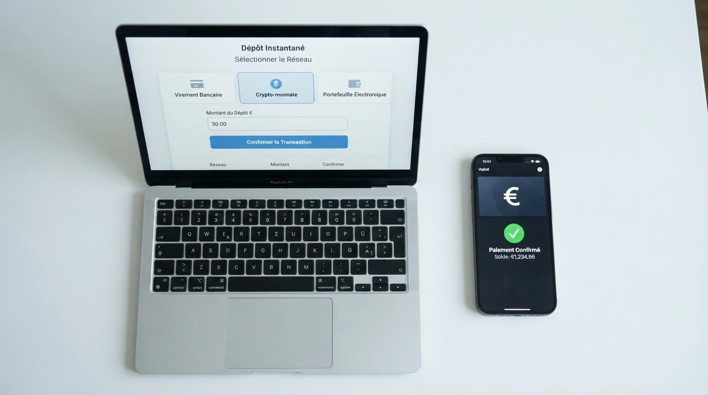 Une interface de dépôt crypto sur un écran de casino en ligne affichant les trois réseaux TRC-20, ERC-20 et BEP-20, avec un téléphone montrant une application de wallet ouverte