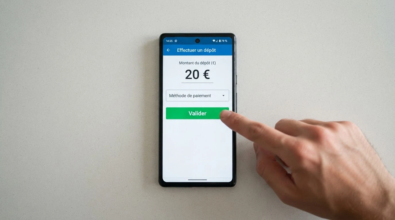 Écran du formulaire de dépôt d'un casino en ligne avec le champ du montant, la sélection de Skrill comme méthode de paiement et le bouton de confirmation
