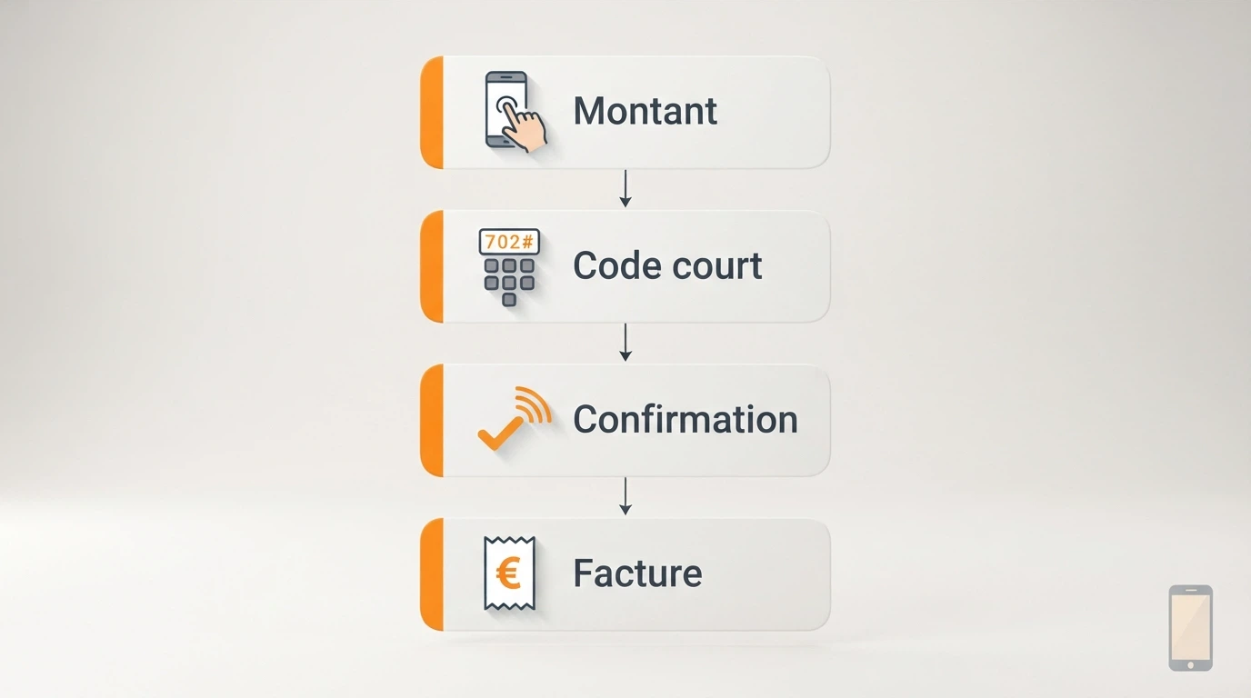 Schéma du parcours d'un dépôt SMS : sélection du montant, envoi du code, confirmation opérateur, facturation sur la facture mobile