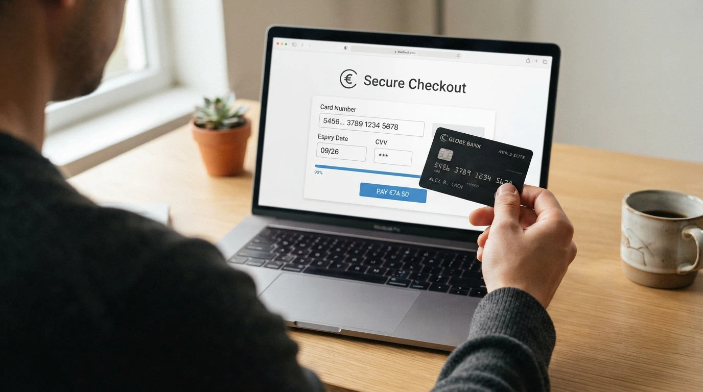Une main tenant une carte Visa devant un écran d'ordinateur affichant un formulaire de dépôt sécurisé 3D Secure, avec une barre de progression indiquant une transaction instantanée.