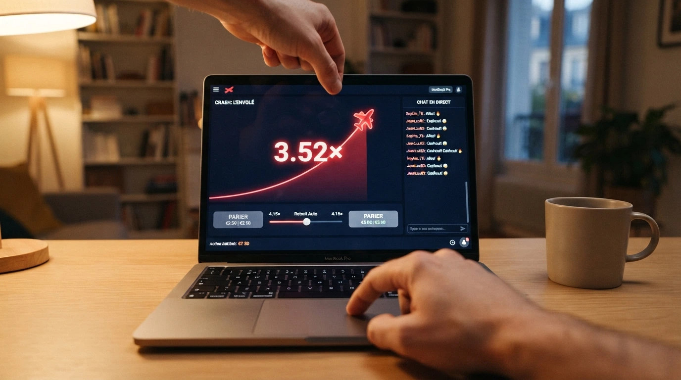 Écran de jeu Aviator en plein vol avec le multiplicateur à 3,52×, les boutons de pari double et d'auto cashout visibles, et le chat des joueurs en direct sur la droite