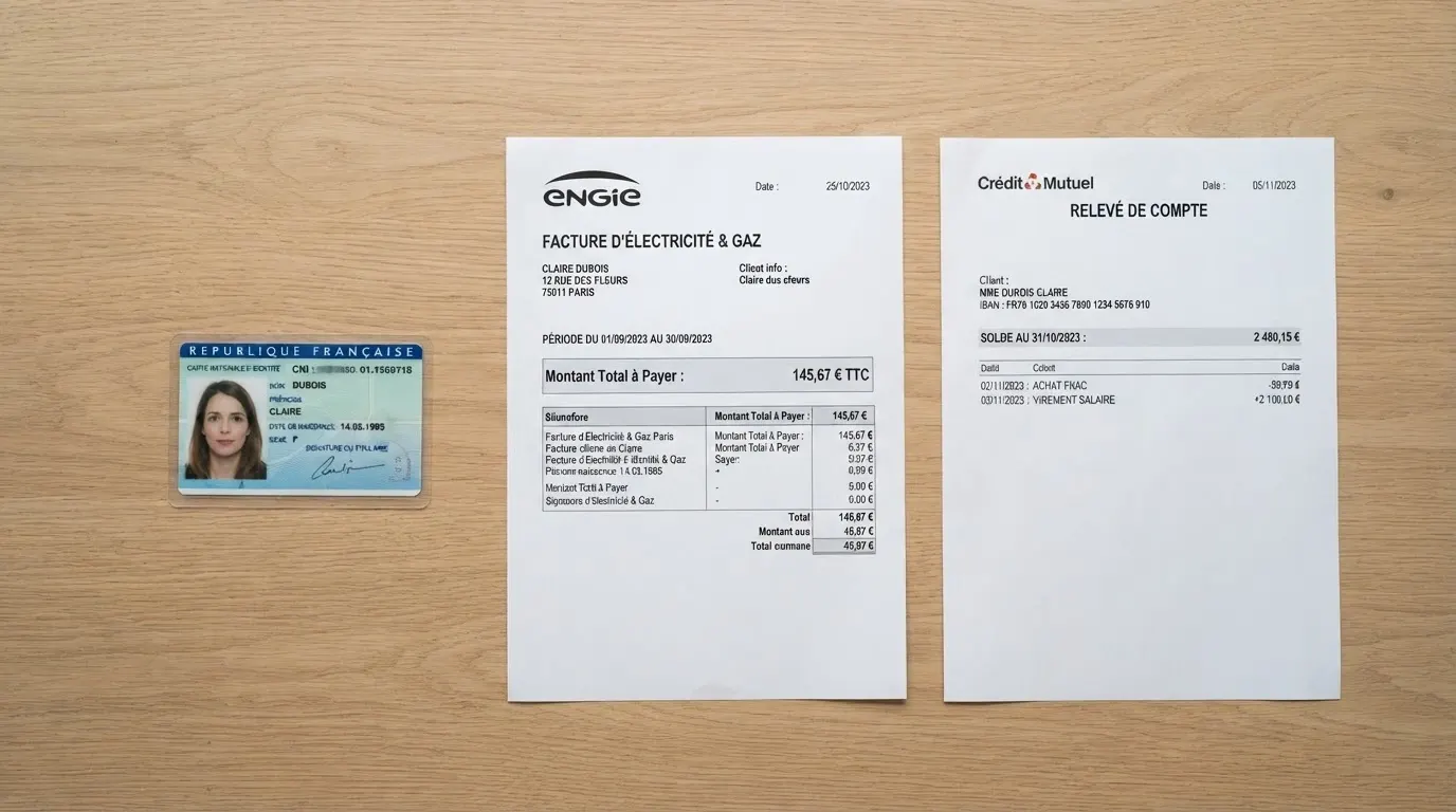 Pièce d'identité, justificatif de domicile et relevé bancaire disposés côte à côte sur une table