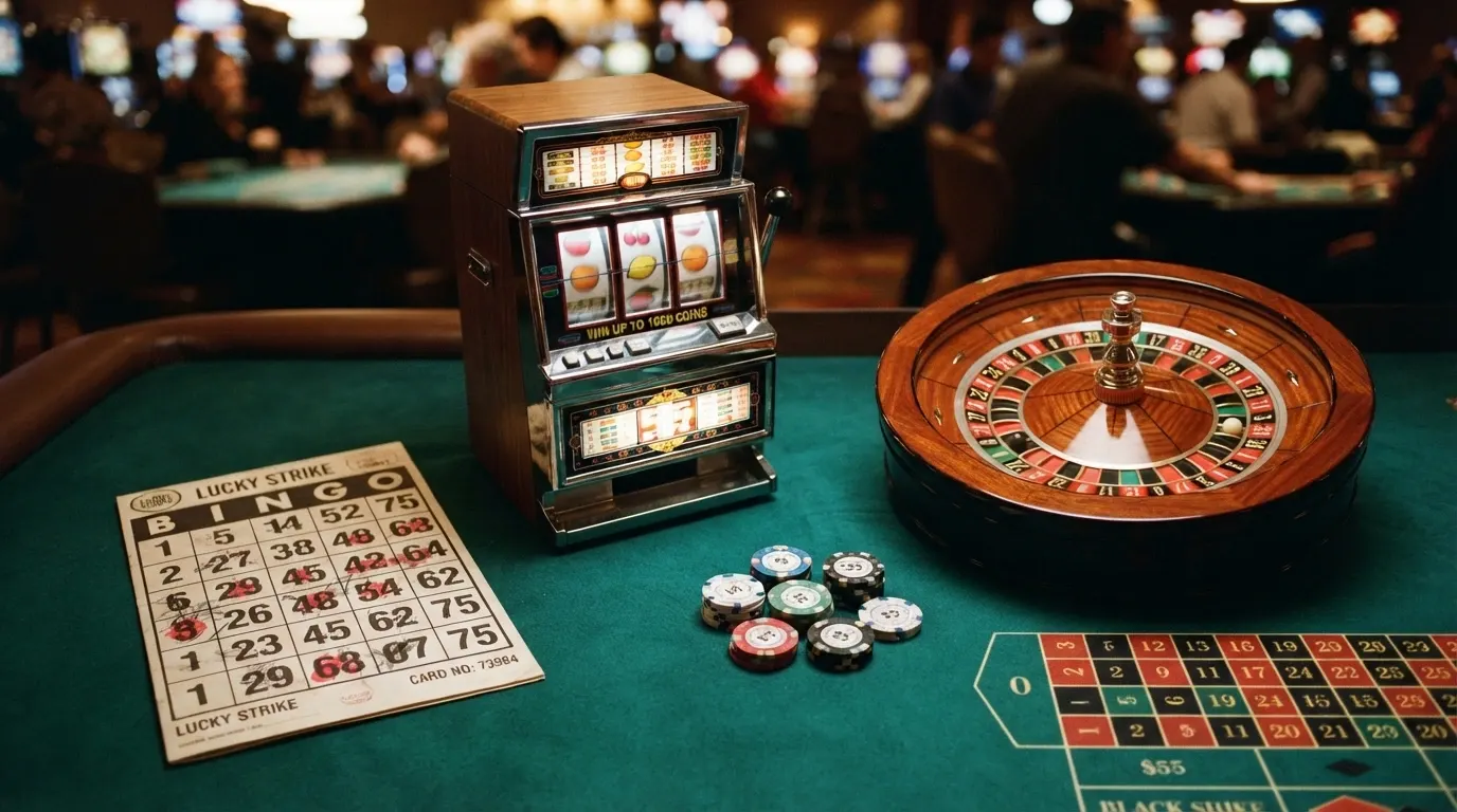 Une mosaïque de visuels de jeux de casino en ligne : une grille de bingo, une machine à sous colorée, une table de live casino avec croupier