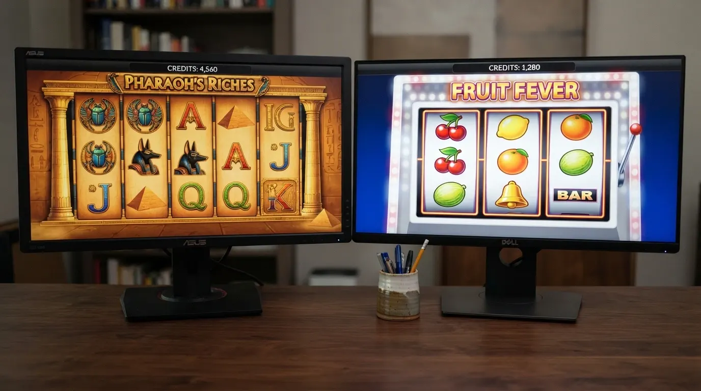 Visuel comparatif de deux machines à sous Merkur côte à côte : à gauche Eye of Horus (5 rouleaux, thème Égypte antique), à droite Double Triple Chance (3 rouleaux, symboles fruits classiques)