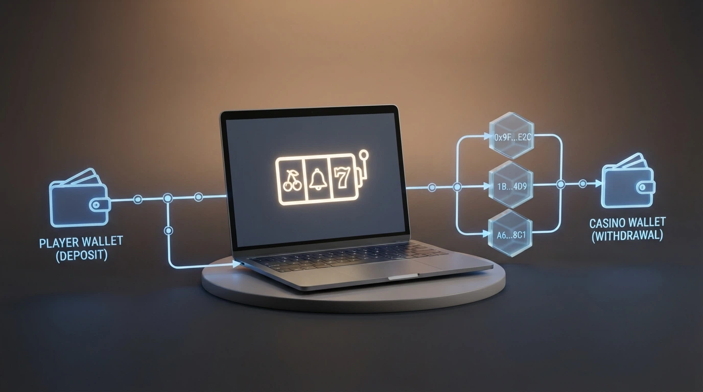 Schéma illustrant le parcours d'une transaction crypto dans un casino en ligne : dépôt depuis un wallet, jeu, validation, retrait sur la blockchain