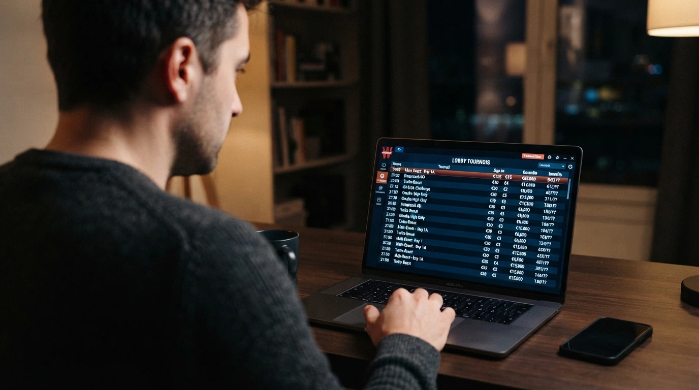 Interface d'un client de poker en ligne affichant un lobby de tournois MTT avec buy-in, joueurs inscrits et prize pool garanti