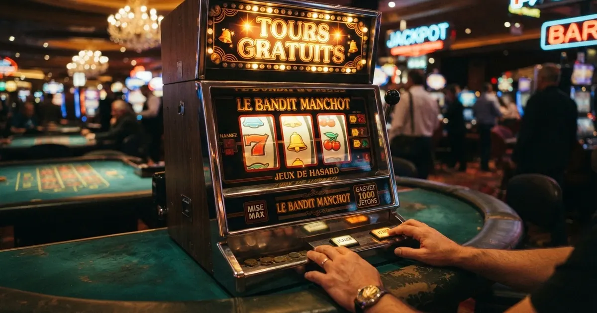 Machine à sous en gros plan, rouleaux colorés avec symboles de fruits et de cloches, un bandeau « Free Spins » illuminé au premier plan