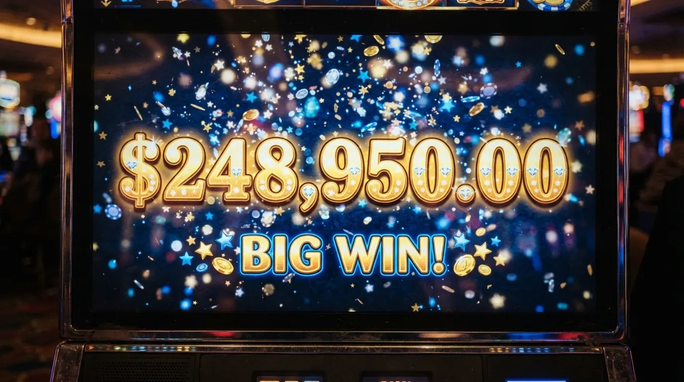 Une capture d'écran agrandie de l'écran de gain d'une machine à sous jackpot, le montant à six chiffres affiché en pleine largeur avec des confettis numériques figés à l'image