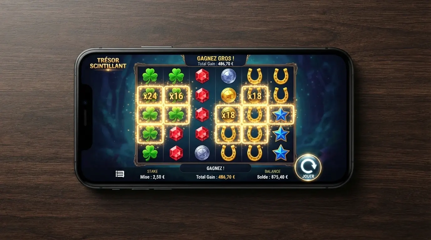 La grille 6×5 du jeu avec des symboles dorés, des multiplicateurs visibles et l'interface de mise en français