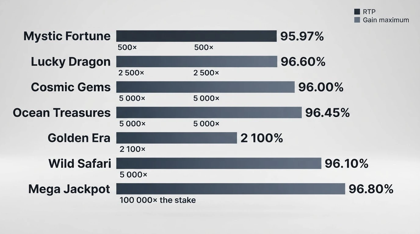 Tableau comparatif des sept machines à sous analysées avec leurs colonnes RTP, volatilité et gain maximum