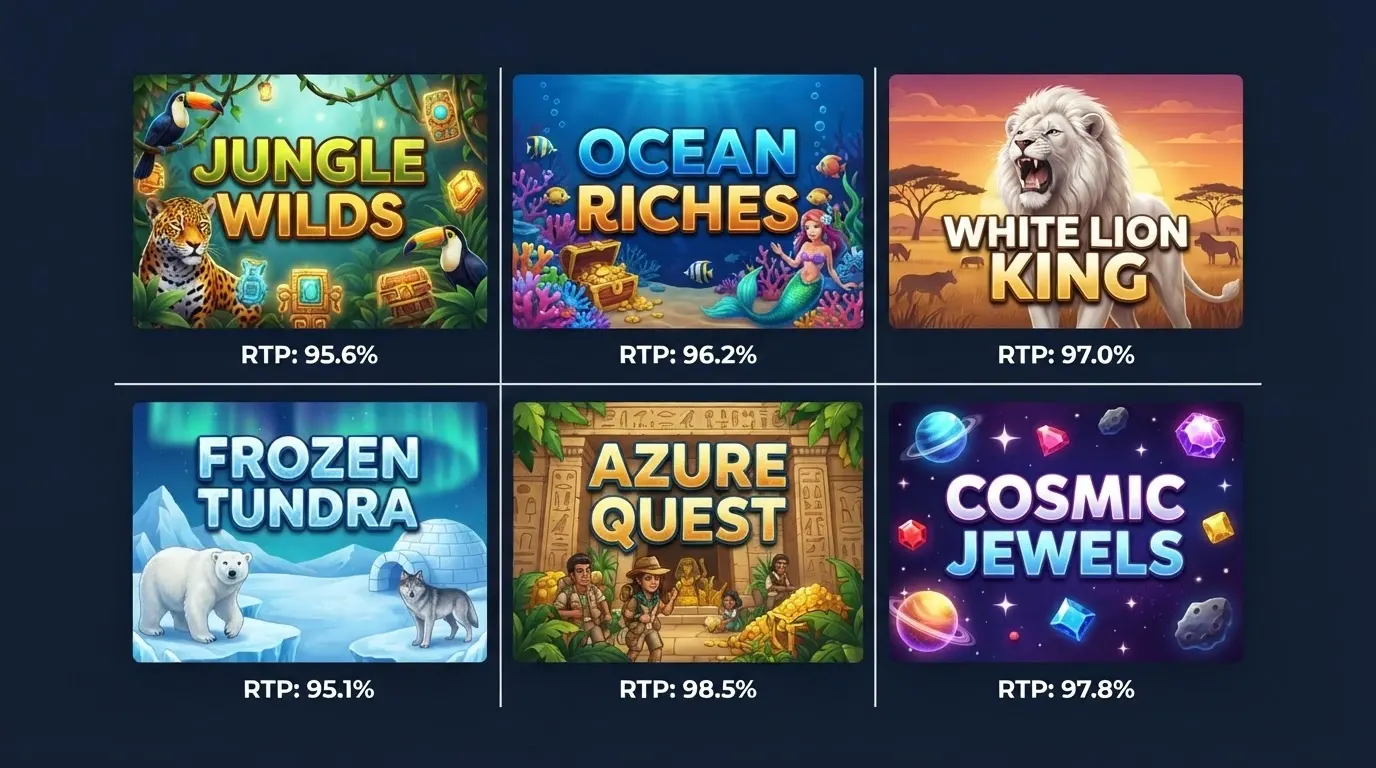 Écran montrant six jaquettes de machines à sous Playtech avec leur taux de retour joueur affiché en surimpression
