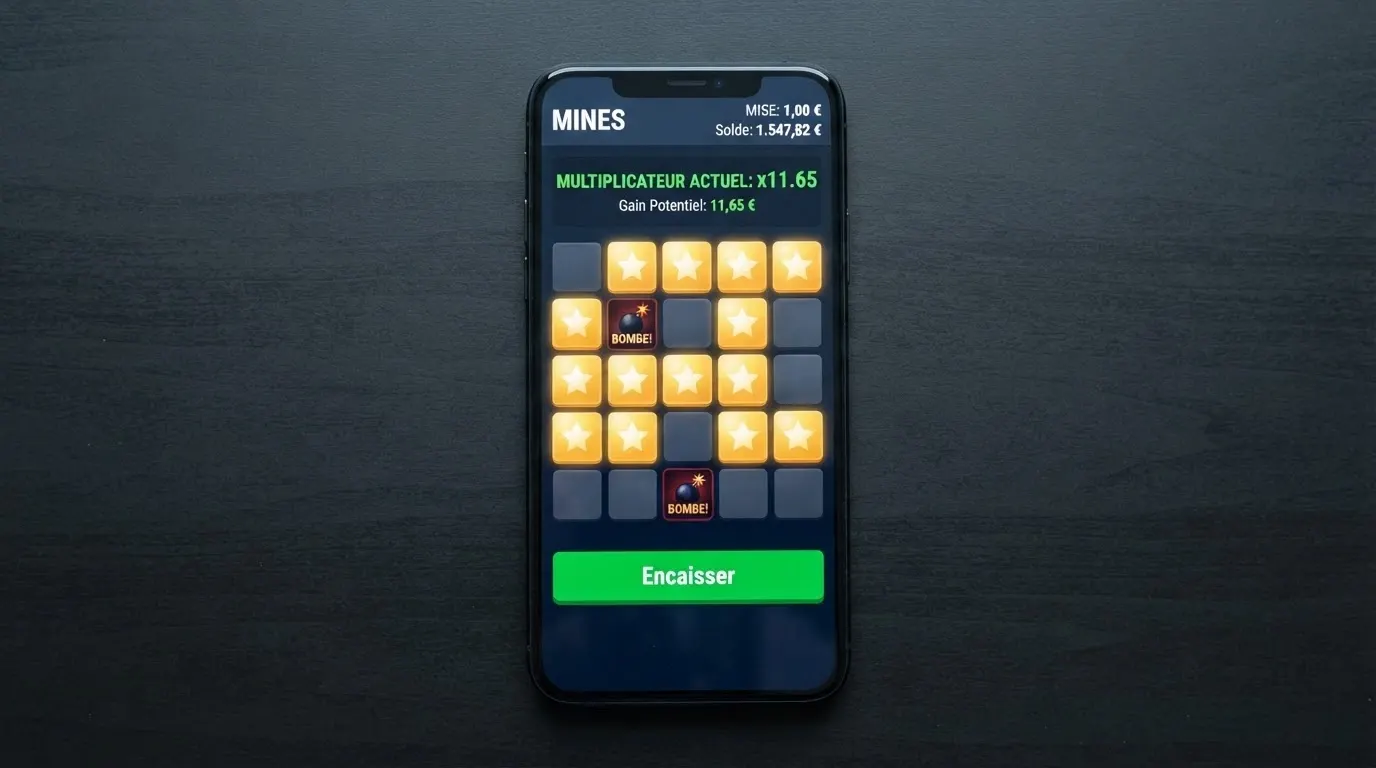 Capture d'écran du jeu Mines de Spribe montrant une grille de 25 cases avec plusieurs étoiles découvertes, le multiplicateur affiché et le bouton cash out en évidence