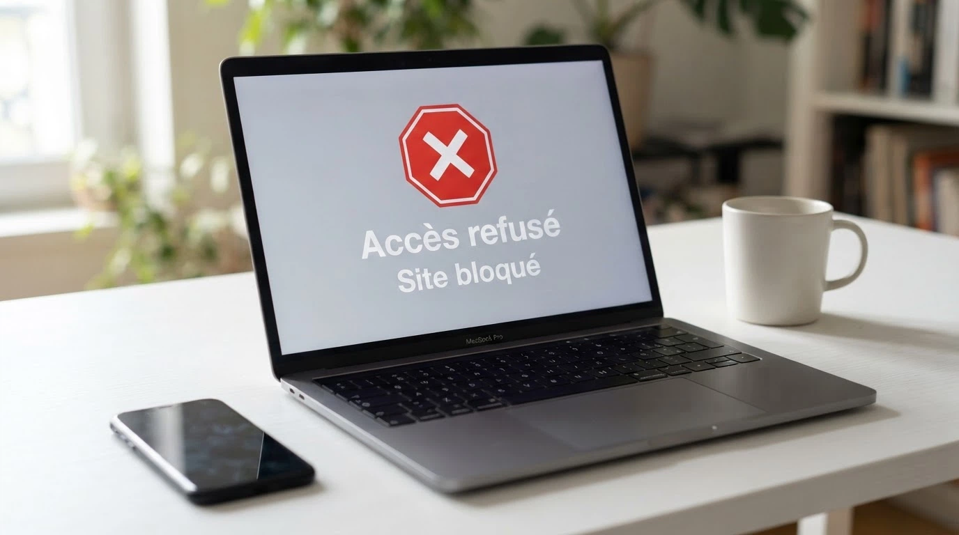 Une interface de l'ANJ affichant la liste noire des sites de jeux bloqués, avec le logo de l'autorité et une mention « site inaccessible en France »