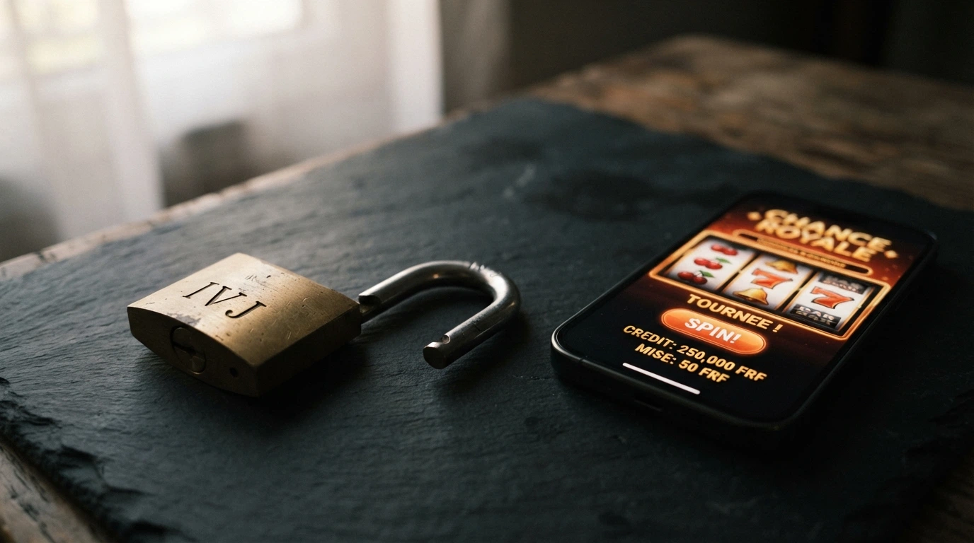 Un cadenas ouvert avec l'inscription « IVJ » posé à côté d'un écran affichant un casino en ligne, le cadenas n'étant relié à rien