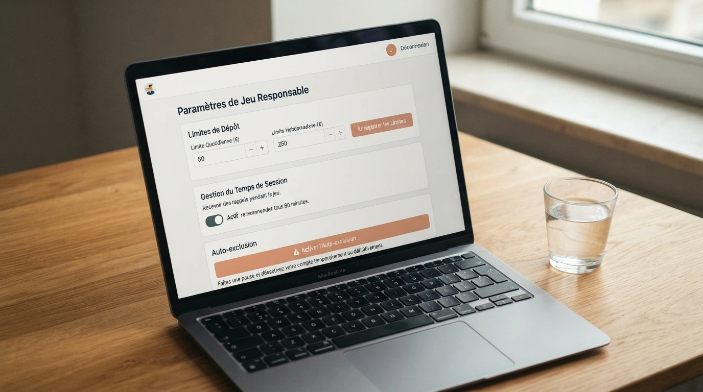 Interface de paramètres de jeu responsable d'un casino en ligne affichant les options de limite de dépôt, de mise et d'auto-exclusion