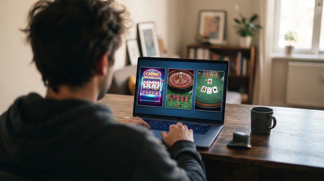 Une interface de casino en ligne affichant une machine à sous, une roulette et une table de blackjack