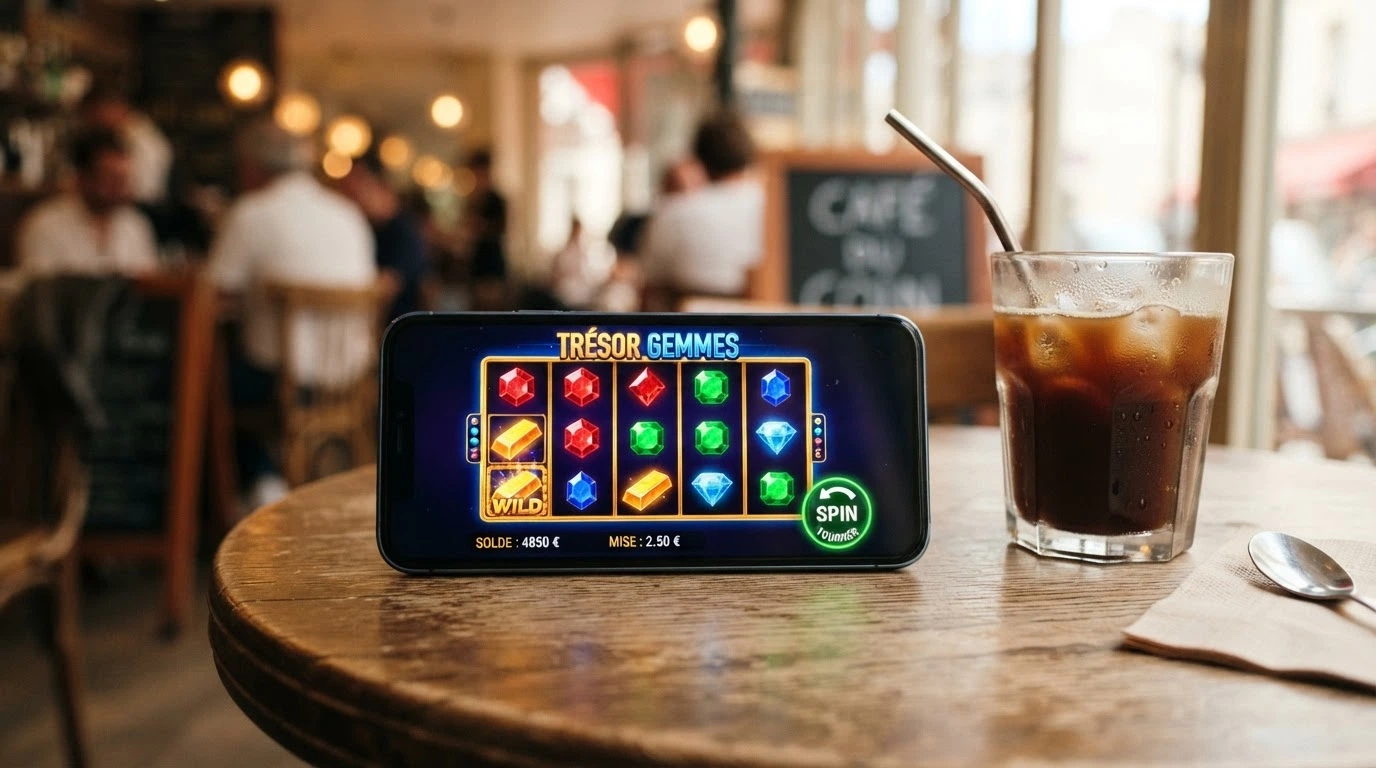 Un écran de smartphone en mode paysage affichant une machine à sous colorée (interface tactile adaptée), posé sur une table de café, à côté d'un verre
