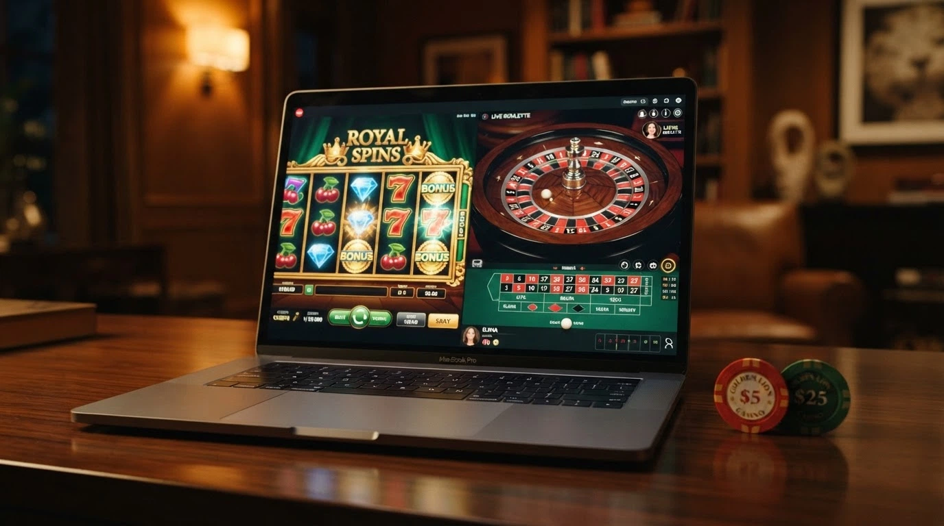 Un éventail de jeux de casino en ligne : machines à sous, table de blackjack, roulette en direct avec croupier, le tout dans une interface multilingue.